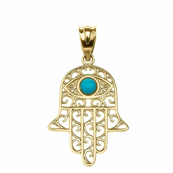 14k Solid Gold Evil Eye Turquoise Stone Filigree Hamsa Hand Pendant Charm